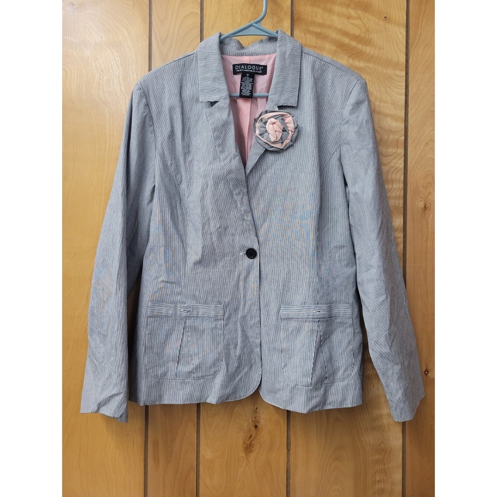 Dialogue Womens Blazer Jacket Button Up Pin Stripe Pink Lined Flower Size 12